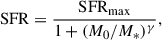 Mathematical equation: $$ \begin{aligned} \mathrm{SFR} = \frac{\mathrm{SFR} _{\mathrm{max} }}{1+(M_0/M_{*})^{\gamma }}, \end{aligned} $$