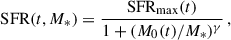 Mathematical equation: $$ \begin{aligned} \mathrm{SFR} (t,M_{*}) = \frac{\mathrm{SFR} _{\mathrm{max} }(t)}{1+(M_0(t)/M_{*})^{\gamma }}\,, \end{aligned} $$