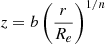 Mathematical equation: $ z=b\left(\frac{r}{R_e}\right)^{1/n} $