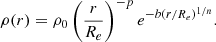 Mathematical equation: $$ \begin{aligned} \rho (r) = \rho _0 \left(\frac{r}{R_e}\right)^{-p} e^{-b(r/R_e)^{1/n}}. \end{aligned} $$