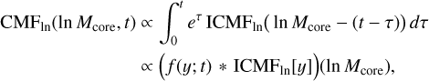 Mathematical equation: \begin{aligned} {\rm CMF}_{\rm ln}(\ln M_{\rm core},t) &\propto \int_0^t e^\tau\, {\rm ICMF}_{\rm ln}\big(\ln M_{\rm core}-(t-\tau)\big)\, d\tau \\ &\propto \Bigl(f(y;t) \,\mathop{\ast}\, {\rm ICMF}_{\rm ln}[y]\Bigr)(\ln M_{\rm core}), \end{aligned}