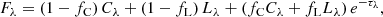 Mathematical equation: $$ \begin{aligned} F_\lambda = \left( 1 - f_{\rm C} \right) C_\lambda + \left( 1 - f_{\rm L} \right) L_\lambda + \left( f_{\rm C} C_\lambda + f_{\rm L} L_\lambda \right) e^{-\tau _\lambda }, \end{aligned} $$