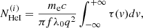 Mathematical equation: $$ \begin{aligned} N_{\rm HeI}^{(i)} = \frac{m_{\rm e} c}{\pi f \lambda _0 q^2} \int _{-\infty }^{+\infty } \tau (v) dv, \end{aligned} $$