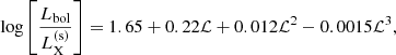 Mathematical equation: $$ \begin{aligned} \log {\left[ \frac{L_{\rm bol}}{L_{\rm X}^\mathrm{(s)}} \right]} = 1.65 + 0.22 \mathcal{L} + 0.012 \mathcal{L} ^2 - 0.0015 \mathcal{L} ^3, \end{aligned} $$