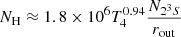 Mathematical equation: $$ \begin{aligned} N_{\rm H} \approx 1.8 \times 10^6 T_4^{0.94} \frac{N_{2^3S}}{r_{\rm out}} \end{aligned} $$