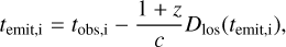 Mathematical equation: t_{\text{emit,i}} = t_{\text{obs,i}} - \frac{1+z}{c} D_{\text{los}}(t_{\text{emit,i}}),