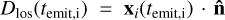 Mathematical equation: $D_{\text{los}}(t_{\text{emit,i}}) = \mathbf{x}_{i}(t_{\text{emit,i}})\cdot\mathbf{\hat{n}}$