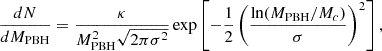 Mathematical equation: $$ \begin{aligned} \frac{dN}{dM_{\rm PBH}} = \frac{\kappa }{M_{\rm PBH}^2\sqrt{2\pi \sigma ^2}}\exp \left[ -\frac{1}{2}\left(\frac{\ln (M_{\rm PBH}/M_c)}{\sigma } \right)^2\right], \end{aligned} $$