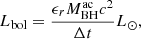 Mathematical equation: $$ \begin{aligned} L_{\rm bol} = \frac{\epsilon _rM^\mathrm{ac}_{\rm BH} c^2}{\Delta t } L_{\odot }, \end{aligned} $$