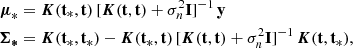 Mathematical equation: $$ \begin{aligned} \begin{split} \boldsymbol{\mu }_*&= {\boldsymbol{K}}(\mathbf t _*, \mathbf t ) \, [\boldsymbol{K}(\mathbf t , \mathbf t ) + \sigma _n^2 \mathbf I ]^{-1} \, \mathbf y \\ \boldsymbol{\Sigma _*}&= {\boldsymbol{K}}(\mathbf t _*, \mathbf t _*) - \boldsymbol{K}(\mathbf t _*, \mathbf t ) \, [\boldsymbol{K}(\mathbf t , \mathbf t ) + \sigma _n^2 \mathbf I ]^{-1} \, \boldsymbol{K}(\mathbf t , \mathbf t _*), \end{split} \end{aligned} $$