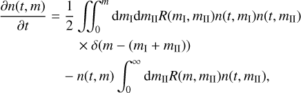 Mathematical equation: $\[\begin{aligned}\frac{\partial n(t, m)}{\partial t}=\frac{1}{2} & \iint_0^m \mathrm{~d} m_{\mathrm{I}} \mathrm{d} m_{\mathrm{II}} R\left(m_{\mathrm{I}}, m_{\mathrm{II}}\right) n\left(t, m_{\mathrm{I}}\right) n\left(t, m_{\mathrm{II}}\right) \\& \times \delta\left(m-\left(m_{\mathrm{I}}+m_{\mathrm{II}}\right)\right) \\& -n(t, m) \int_0^{\infty} \mathrm{d} m_{\mathrm{II}} R\left(m, m_{\mathrm{II}}\right) n\left(t, m_{\mathrm{II}}\right),\end{aligned}\]$