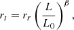Mathematical equation: $$ \begin{aligned} r_t&=r_r \left(\frac{L}{L_0}\right)^{\beta }, \end{aligned} $$