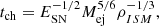 Mathematical equation: $$ \begin{aligned} t_{\rm ch}&= E_{\rm SN}^{-1/2} M_{\rm ej}^{5/6} \rho _{ISM}^{-1/3}, \end{aligned} $$