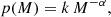 Mathematical equation: $$ \begin{aligned} p(M) = k\,M^{-\alpha }, \end{aligned} $$