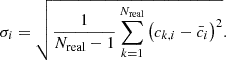 Mathematical equation: $$ \sigma _i = \sqrt{\frac{1}{N_{\rm real}-1} \sum _{k=1}^{N_{\rm real}} \left( c_{k,i} - \bar{c}_i \right)^2 }. $$