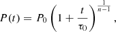 Mathematical equation: $$ \begin{aligned} P(t) = P_0 \left(1 + \frac{t}{\tau _0} \right)^{\frac{1}{n - 1}}, \end{aligned} $$