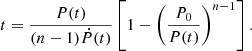 Mathematical equation: $$ \begin{aligned} t = \frac{P(t)}{(n - 1) \dot{P}(t)} \left[1 - \left(\frac{P_0}{P(t)}\right)^{n - 1} \right]. \end{aligned} $$