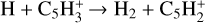 Mathematical equation: $\[\mathrm{H}+\mathrm{C}_{5} \mathrm{H}_{3}^{+} \rightarrow \mathrm{H}_{2}+\mathrm{C}_{5} \mathrm{H}_{2}^{+}\]$