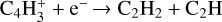 Mathematical equation: $\[\mathrm{C}_{4} \mathrm{H}_{3}^{+}+\mathrm{e}^{-} \rightarrow \mathrm{C}_{2} \mathrm{H}_{2}+\mathrm{C}_{2} \mathrm{H}\]$