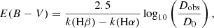 Mathematical equation: $$ \begin{aligned} E(B-V) = \frac{2.5}{k(\mathrm{H} \beta ) - k(\mathrm{H} \alpha )} \log _{10}\left(\frac{D_{\mathrm{obs} }}{D_0}\right), \end{aligned} $$