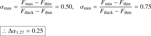 Mathematical equation: \begin{align} \alpha_{\mathrm{max}} = \frac{F_{\mathrm{max}} - F_{\mathrm{thin}}}{F_{\mathrm{thick}} - F_{\mathrm{thin}}} = 0.50, \hspace{+0.3cm}\alpha_{\mathrm{min}} = \frac{F_{\mathrm{min}} - F_{\mathrm{thin}}}{F_{\mathrm{thick}} - F_{\mathrm{thin}}} = 0.75\notag \boxed{\therefore \Delta \alpha_{1.27} = 0.25} \end{align}