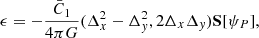 Mathematical equation: $$ \begin{aligned} \epsilon = - \frac{\bar{C}_1}{4\pi G}(\Delta _x^2 - \Delta _y^2, 2\Delta _x \Delta _y)\mathbf S [\psi _P], \end{aligned} $$