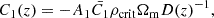Mathematical equation: $$ \begin{aligned} C_1(z) = - A_1 \bar{C_1} \rho _{\mathrm{crit} } \Omega _{\mathrm{m} }D(z)^{-1}, \end{aligned} $$