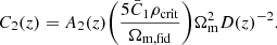 Mathematical equation: $$ \begin{aligned} C_2(z)&= A_2(z) \bigg ( \frac{5\bar{C}_1 \rho _{\mathrm{crit} }}{\Omega _{\mathrm{m, fid} }} \bigg )\Omega _{\mathrm{m} }^2D(z)^{-2}. \end{aligned} $$