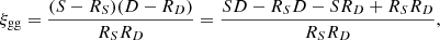Mathematical equation: $$ \begin{aligned} \xi _{\mathrm{gg} } = \frac{(S - R_S)(D - R_D)}{R_S R_D} = \frac{SD - R_SD - SR_D + R_S R_D}{R_S R_D}, \end{aligned} $$