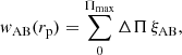 Mathematical equation: $$ \begin{aligned} w_{\mathrm{AB} }(r_{\mathrm{p} }) = \sum ^{\Pi _{\mathrm{max} }}_{0} \Delta \Pi \,\xi _{\mathrm{AB} }, \end{aligned} $$