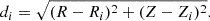 Mathematical equation: $$ \begin{aligned} d_i = \sqrt{(R - R_i)^2 + (Z - Z_i)^2}. \end{aligned} $$