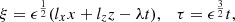 Mathematical equation: $$ \begin{aligned} \xi =\epsilon ^\frac{1}{2}(l_{x}x+l_{z}z-\lambda t), \quad \tau =\epsilon ^{\frac{3}{2}}t, \end{aligned} $$