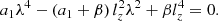 Mathematical equation: $$ \begin{aligned} a_{1}\lambda ^{4}-(a_{1}+\beta )\,l_{z}^{2}\lambda ^{2}+\beta l_{z}^{4}=0. \end{aligned} $$