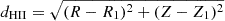 Mathematical equation: $ d_{\mathrm{HII}} = \sqrt{(R - R_{1})^2 + (Z - Z_{1})^2} $