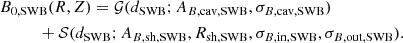 Mathematical equation: $$ \begin{aligned}&B_{0,\mathrm{SWB} }(R,Z) = \mathcal{G} (d_{\mathrm{SWB} }; A_{B,\mathrm{cav,SWB} }, \sigma _{B,\mathrm{cav,SWB} }) \nonumber \\&\qquad \quad + \mathcal{S} (d_{\mathrm{SWB} }; A_{B,\mathrm{sh,SWB} }, R_{\mathrm{sh,SWB} }, \sigma _{B,\mathrm{in,SWB} }, \sigma _{B,\mathrm{out,SWB} }). \end{aligned} $$