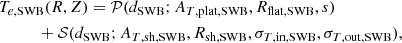Mathematical equation: $$ \begin{aligned}&T_{e,\mathrm{SWB} }(R,Z) = \mathcal{P} (d_{\mathrm{SWB} }; A_{T,\mathrm{plat,SWB} }, R_{\mathrm{flat,SWB} }, s) \nonumber \\&\qquad \quad + \mathcal{S} (d_{\mathrm{SWB} }; A_{T,\mathrm{sh,SWB} }, R_{\mathrm{sh,SWB} }, \sigma _{T,\mathrm{in,SWB} }, \sigma _{T,\mathrm{out,SWB} }), \end{aligned} $$