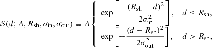 Mathematical equation: $$ \begin{aligned} \mathcal{S} (d; A, R_{\mathrm{sh} }, \sigma _{\mathrm{in} }, \sigma _{\mathrm{out} }) \equiv A {\left\{ \begin{array}{ll} \exp \left[-\dfrac{(R_{\mathrm{sh} } - d)^2}{2\sigma _{\mathrm{in} }^2}\right],&d \le R_{\mathrm{sh} }, \\ \exp \left[-\dfrac{(d - R_{\mathrm{sh} })^2}{2\sigma _{\mathrm{out} }^2}\right],&d > R_{\mathrm{sh} }, \end{array}\right.} \end{aligned} $$