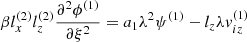Mathematical equation: $$ \begin{aligned}&\beta l_{x}^{(2)} l_{z}^{(2)} \frac{\partial ^{2} \phi ^{(1)}}{\partial \xi ^{2}}= a_{1} \lambda ^{2} \psi ^{(1)}- l_{z} \lambda v_{iz}^{(1)} \end{aligned} $$