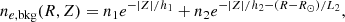 Mathematical equation: $$ \begin{aligned} n_{e,\mathrm{bkg} }(R,Z) = n_1 e^{-|Z|/h_1} + n_2 e^{-|Z|/h_2 - (R-R_\odot )/L_2}, \end{aligned} $$