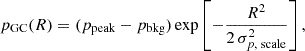 Mathematical equation: $$ \begin{aligned} p_{\text{GC}}(R) = (p_{\text{peak}} - p_{\text{bkg}}) \exp \left[-\frac{R^2}{2\,\sigma _{p,\text{ scale}}^2}\right], \end{aligned} $$