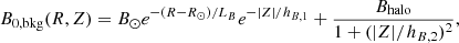 Mathematical equation: $$ \begin{aligned} B_{0,\mathrm{bkg} }(R,Z) = B_\odot e^{-(R-R_\odot )/L_B}e^{-|Z|/h_{B,1}} +\frac{B_{\mathrm{halo} }}{1+(|Z|/h_{B,2})^2}, \end{aligned} $$