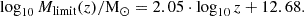 Mathematical equation: $$ \begin{aligned} \log _{10}M_{\rm limit}(z)/\mathrm{M}_{\odot } = 2.05\cdot \log _{10} z + 12.68. \end{aligned} $$