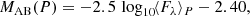 Mathematical equation: $$ \begin{aligned} M_{\rm AB}(P) = -2.5 \,\log _{10}\!\langle F_\lambda \rangle _P - 2.40, \end{aligned} $$