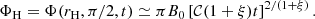 Mathematical equation: $$ \begin{aligned} \Phi _{\rm H} = \Phi (r_{\rm H},\pi /2,t) \simeq \pi B_0 \left[ \mathcal{C} (1+\xi ) t \right]^{2/(1+\xi )}. \end{aligned} $$