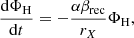 Mathematical equation: $$ \begin{aligned} \frac{\mathrm{d} \Phi _{\rm H}}{\mathrm{d} t} = - \frac{\alpha \beta _{\rm rec}}{r_X} \Phi _{\rm H} , \end{aligned} $$