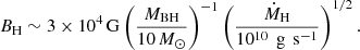 Mathematical equation: $$ \begin{aligned} B_{\rm H} \sim 3\times 10^4 \, \mathrm{G} \left( \frac{M_{\rm BH}}{10 \,M_\odot } \right)^{-1} \left( \frac{\dot{M}_{\rm H}}{10^{10}\, \text{ g}\, \text{ s}^{-1}} \right)^{1/2} . \end{aligned} $$