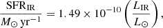 Mathematical equation: $$ \begin{aligned} \frac{\mathrm{{SFR}}_{\rm {IR}}}{{M_{\odot }}\,\mathrm {yr}^{-1}} = 1.49\times 10^{-10} \left(\frac{L_\mathrm{IR} }{{L_{\odot }}}\right), \end{aligned} $$