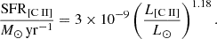 Mathematical equation: $$ \begin{aligned} \frac{\mathrm {SFR}_{{\text{[C}}{\small {{\text{ II]}}}}}}{{M_{\odot }}\,\mathrm {yr}^{-1}} = 3\times 10^{-9} \left( \frac{L_{{\text{[C}}{\small {{\text{ II]}}}}}}{{L_{\odot }}} \right)^{1.18}. \end{aligned} $$