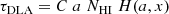 Mathematical equation: $$ \begin{aligned} \tau _{\mathrm{DLA} } = C \; a \; N_{\mathrm{HI} } \; H(a, x) \end{aligned} $$