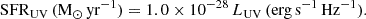 Mathematical equation: $$ \begin{aligned} \mathrm{SFR}_{\rm UV} \, (\mathrm{M_\odot \,yr^{-1}}) = 1.0\times 10^{-28} \, L_{\rm UV} \, (\mathrm{erg\,s^{-1}\,Hz^{-1}}). \end{aligned} $$